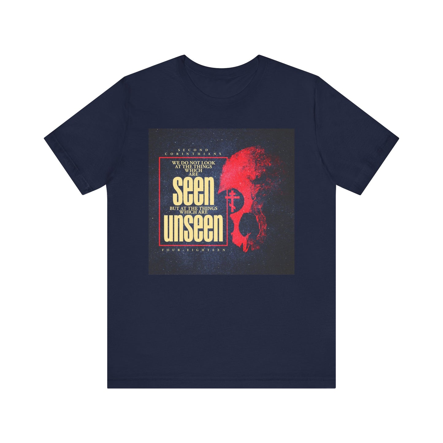 Navy "We Do Not Look At the Things Which Are Seen (St. Paul)" lightweight cotton unisex tee, featuring a textured red skull and Orthodox cross graphic, inspired by 2 Corinthians and reflecting on the eternal weight of glory within.