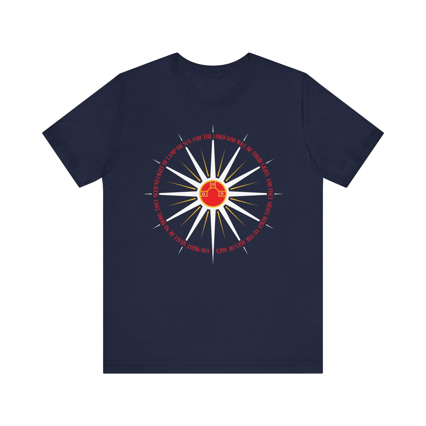 Navy "And Night Shall Be No More (Rev. 22:5)" t-shirt with blazing sun rays and a Second Coming design, inspired by Orthodox Christian themes and St Nikolai Velimirovic’s teachings. Lightweight cotton for comfort.