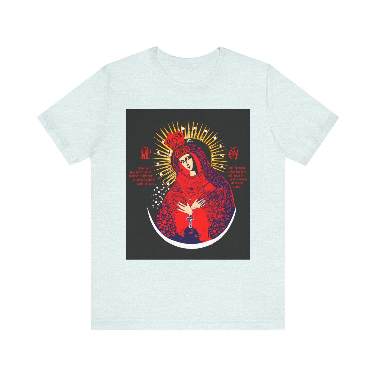Heather Ice Blue unisex t-shirt featuring a vibrant icon-style image of Our Lady the Gate of Dawn, inspired by the famous Vilnius icon depicted in red and gold on a black square background. Lightweight cotton for comfort.