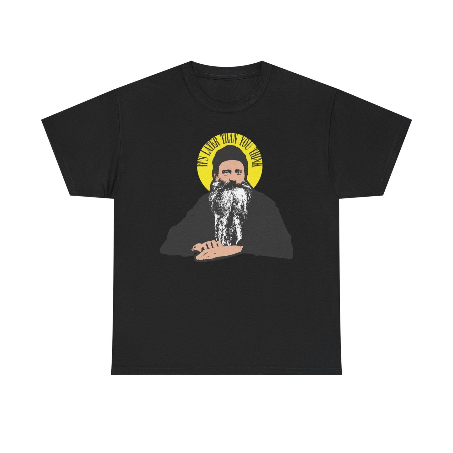 Black "It's Later Than You Think" t-shirt features a yellow halo and a Fr Seraphim Rose quote—modern American Orthodox saint tribute in heavy cotton, perfect for those seeking bold Christian style.