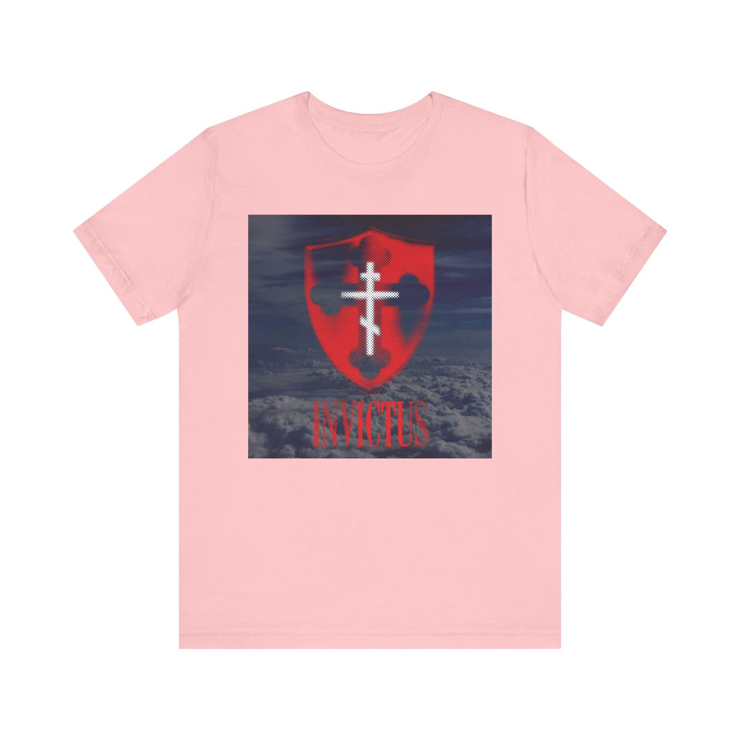 Certainly! Here’s a rewritten sentence using your product data: The Invictus White Orthodox Cross lightweight cotton unisex tee in pink features a glowing red halftone shield, clouds background, and “Christ Unconquered” design on the front—a symbol of faith and immortality inspired by 1 Corinthians 15:54: “Death is swallowed up in victory.”.