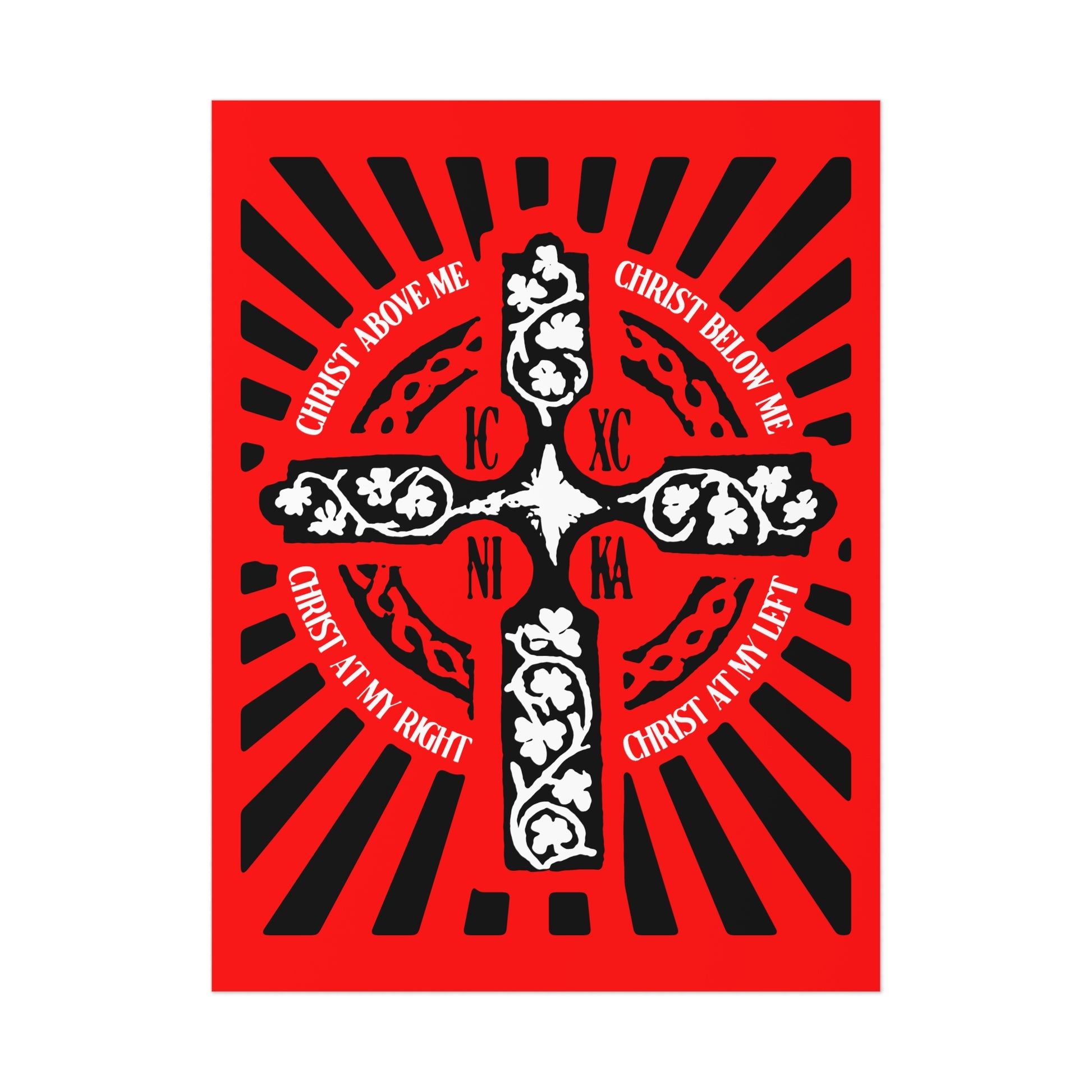 The Red ICXC NIKA Enniskillen Celtic Cross art poster features a decorative cross on red, inspired by St. Patrick's Breastplate and Celtic prayer—a unique Orthodox Christian meditation piece.