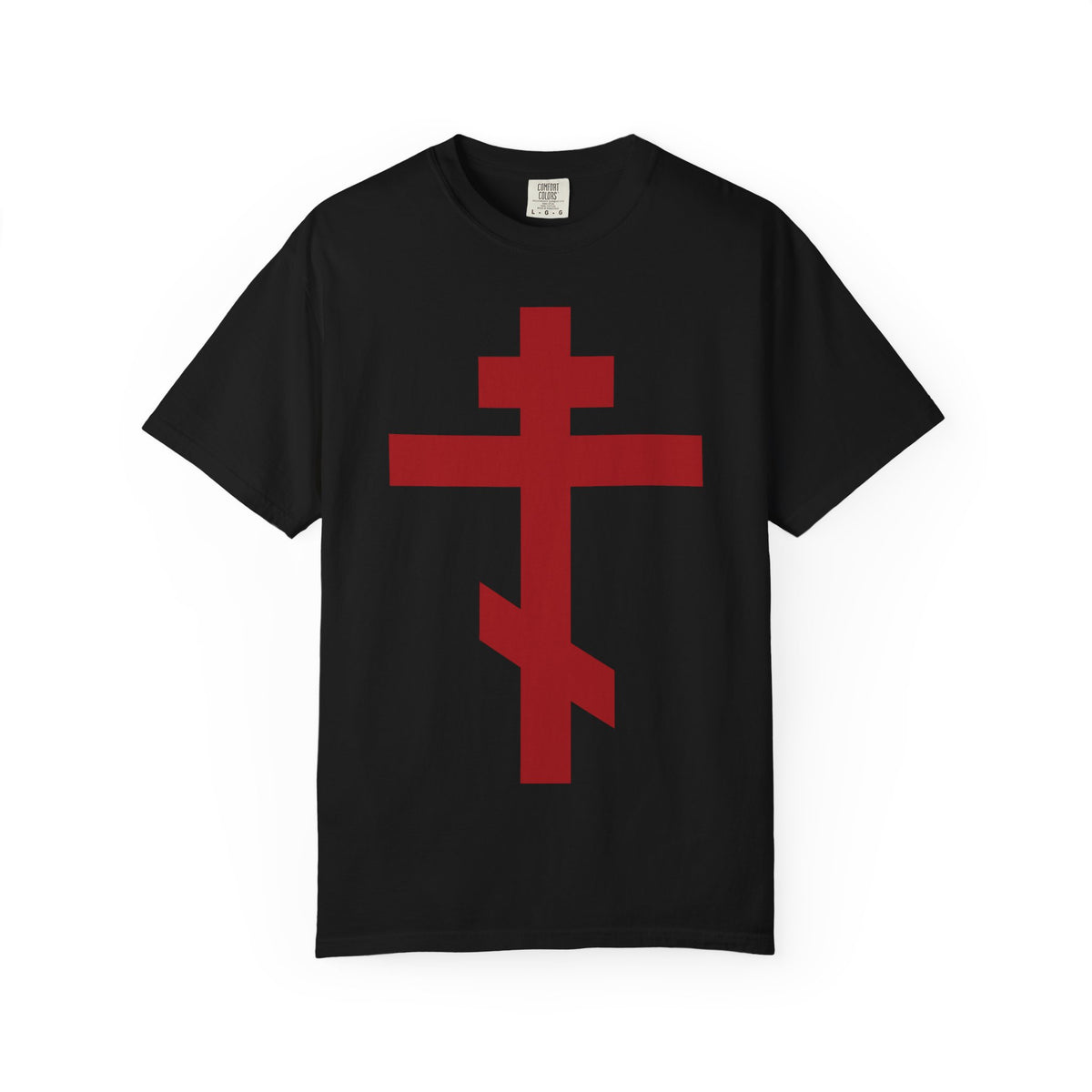 Black Red Orthodox Cross | Preserve Thy People By Thy Cross, O Lord t-shirt with a red Orthodox cross on the front.