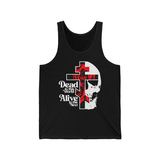 Black Dead to this World tank top featuring a cross, rose, and skull graphic.
