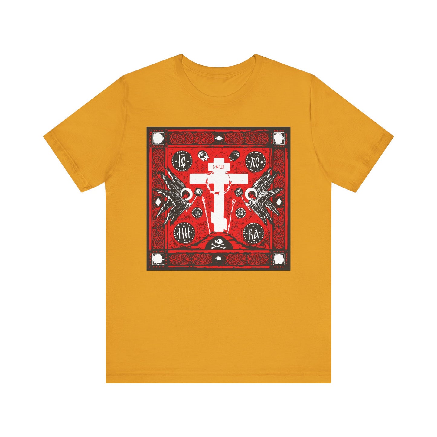 Mustard Adoration of Holy Cross IconoGraphic t-shirt featuring a striking red, white, and black Russian cross design with angels. Lightweight cotton unisex style.