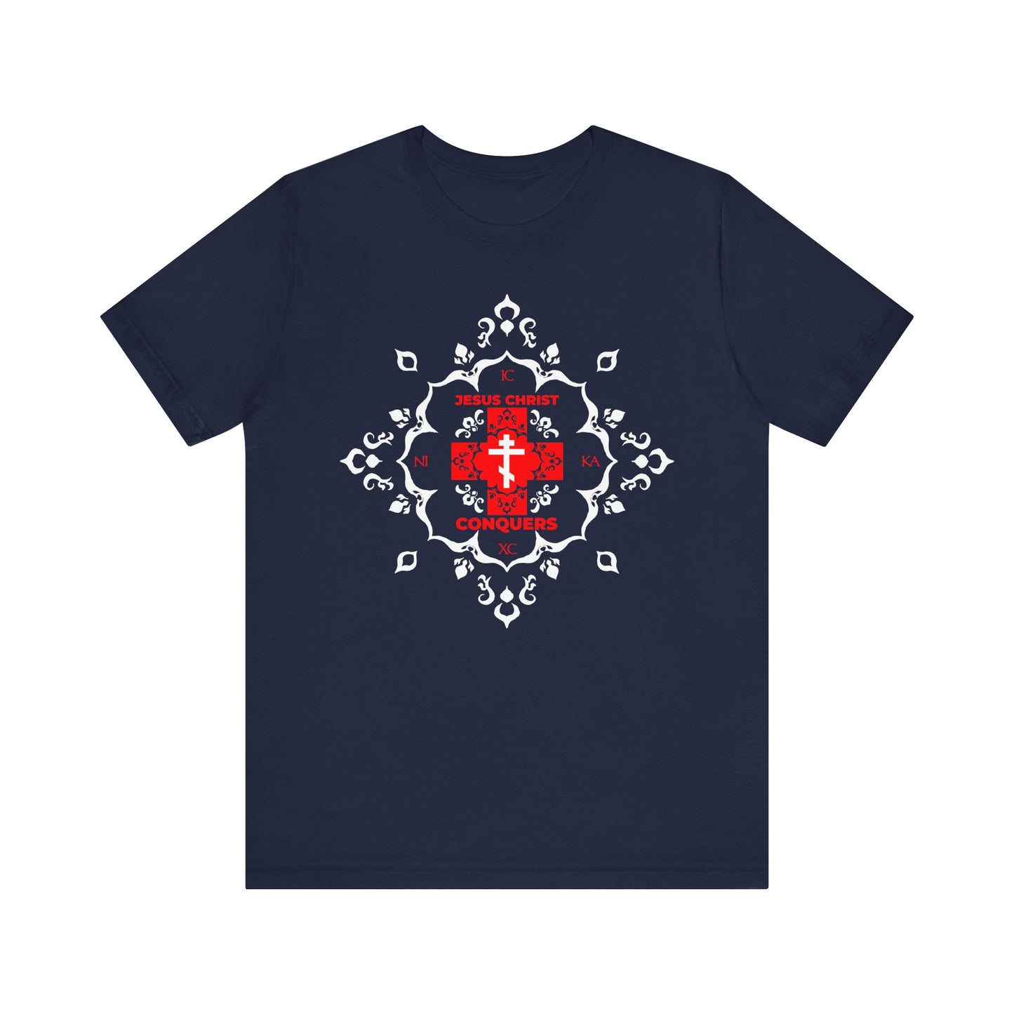 Navy ICXC NIKA t-shirt featuring a white Orthodox cross with a red modern font, highlighted by a medieval filigree design and the words "Jesus Christ Conquers" in the center, symbolizing victory over sin as taught by St John Chrysostom.
