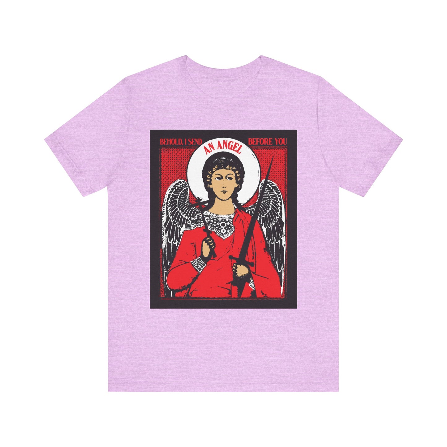 The "Behold I Send an Angel Before You" tee in Heather Prism Lilac features a guardian angel with cross and sword, inspired by Exodus 23:20, on lightweight cotton for Orthodox style and protection.