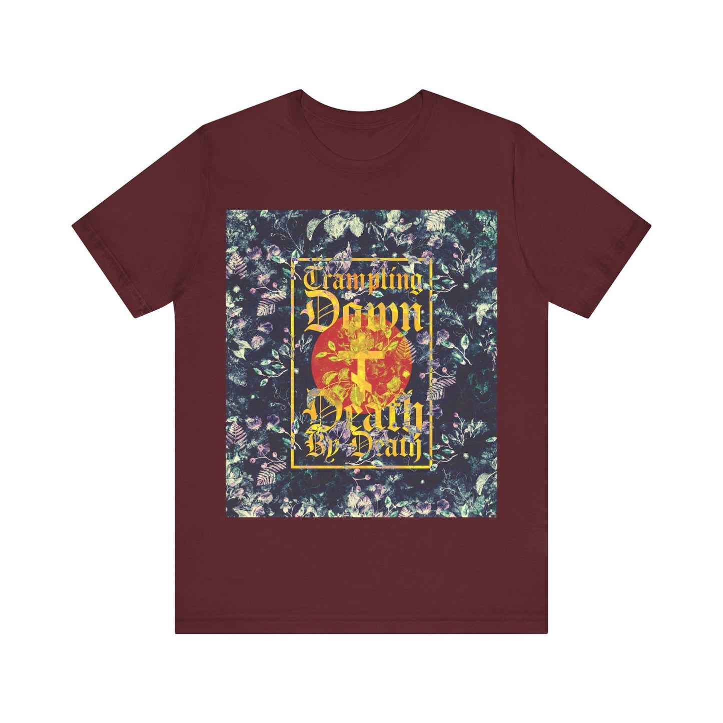 Trampling Down Death By Death | Paschal Floral Design with Gothic Script and Three-Bar Cross | Orthodox Christian T-Shirt