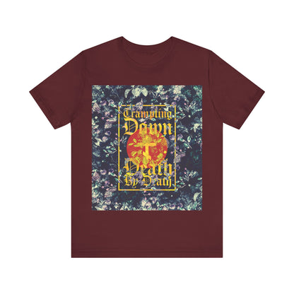 Trampling Down Death By Death | Paschal Floral Design with Gothic Script and Three-Bar Cross | Orthodox Christian T-Shirt
