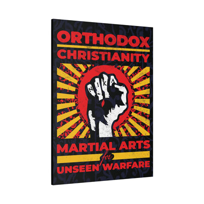 Orthodox Christianity: Martial Arts for Unseen Warfare | NIKA Jesus Fist on Colorful Sunburst Design | Orthodox Christian Canvas Art