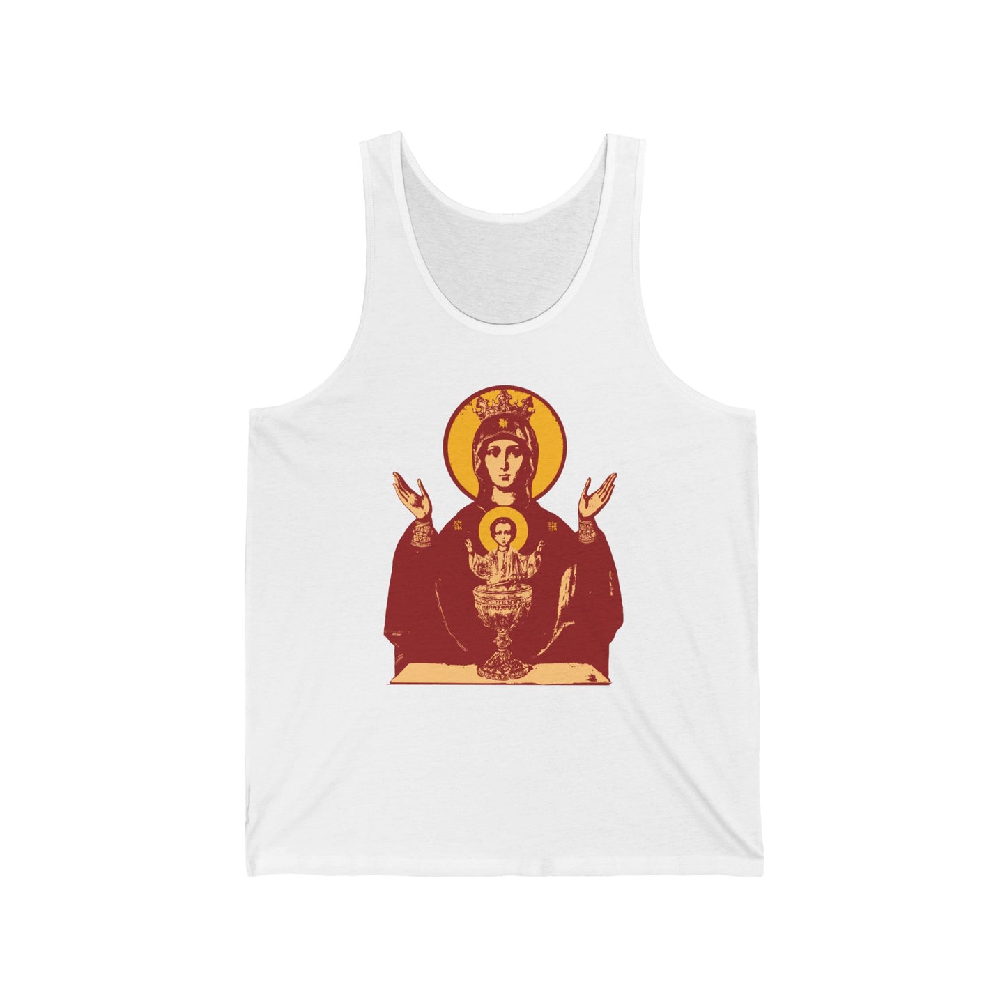 White tank top with a red and gold Orthodox Holy Theotokos IconoGraphic of the Inexhaustible Chalice ("Deliverer from Addictions | Conquer Passions") on the front.