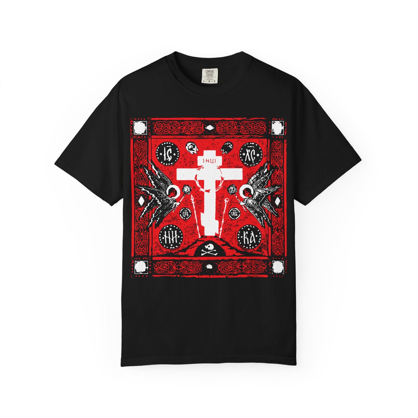 Black heavyweight cotton unisex t-shirt featuring a striking red, white, and black Russian cross design with angels, inspired by the Adoration of Holy Cross IconoGraphic.