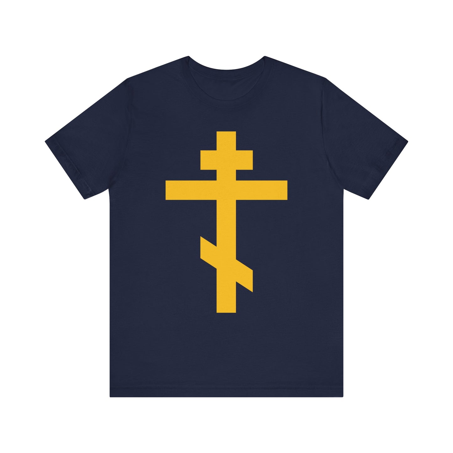 Navy blue "Yellow Orthodox Cross | Precious and Life-Giving Weapon of Unseen Warfare | Scourge of Demons" lightweight cotton unisex tee featuring a large yellow Eastern Orthodox cross design inspired by Galatians 2:20—perfect for those embracing the journey of being crucified with Christ.