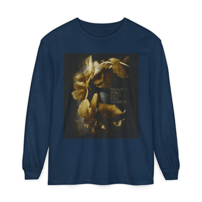 True Navy long-sleeve shirt with original flower photography and "Beauty will save the world" on the front. Features Dostoevsky-inspired Christian artwork honoring Jesus Christ, Universal Creator & King.