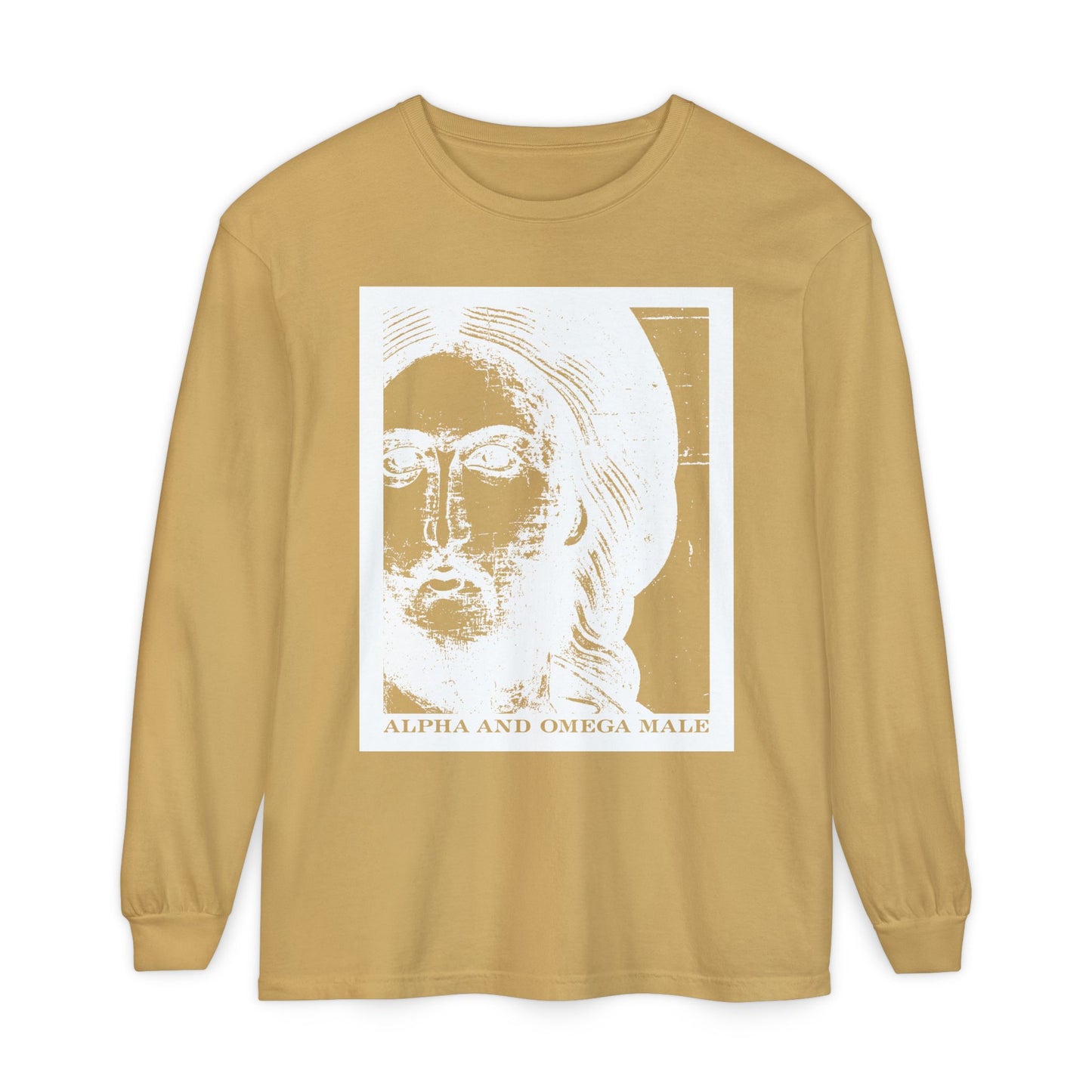 Mustard long-sleeve cotton shirt featuring a white, stylized Jesus Christ icono-graphic photonegative and "Alpha & Omega Male" text—referencing Revelation 22: "I am the Beginning & the End.