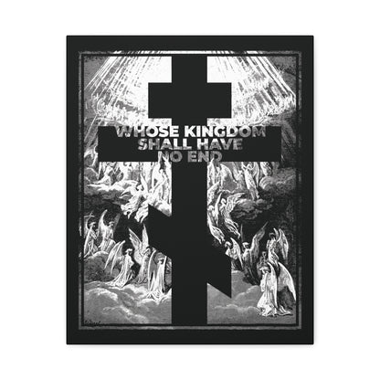 The Whose Kingdom Shall Have No End Orthodox Wall Art features a large black cross over angels with the bold text WHOSE KINGDOM SHALL HAVE NO END, echoing the Nicene Creed, in a style inspired by Gustave Dore etchings.