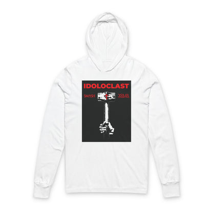 White "Idoloclast Idol-Smasher" hoodie features a Jesus fist with sledgehammer, "Smash Your Passions" text, and ICXC NIKA—celebrating Christian asceticism and Orthodox faith.