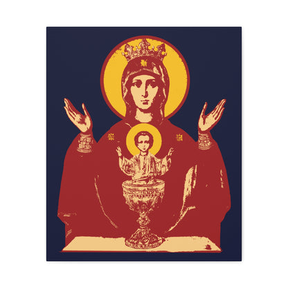 Holy Theotokos IconoGraphic of the Inexhaustible Chalice—Orthodox Christian wall art depicting the crowned Mother of God with raised hands and child Jesus in a chalice, symbolizing deliverance from addictions and conquering passions.