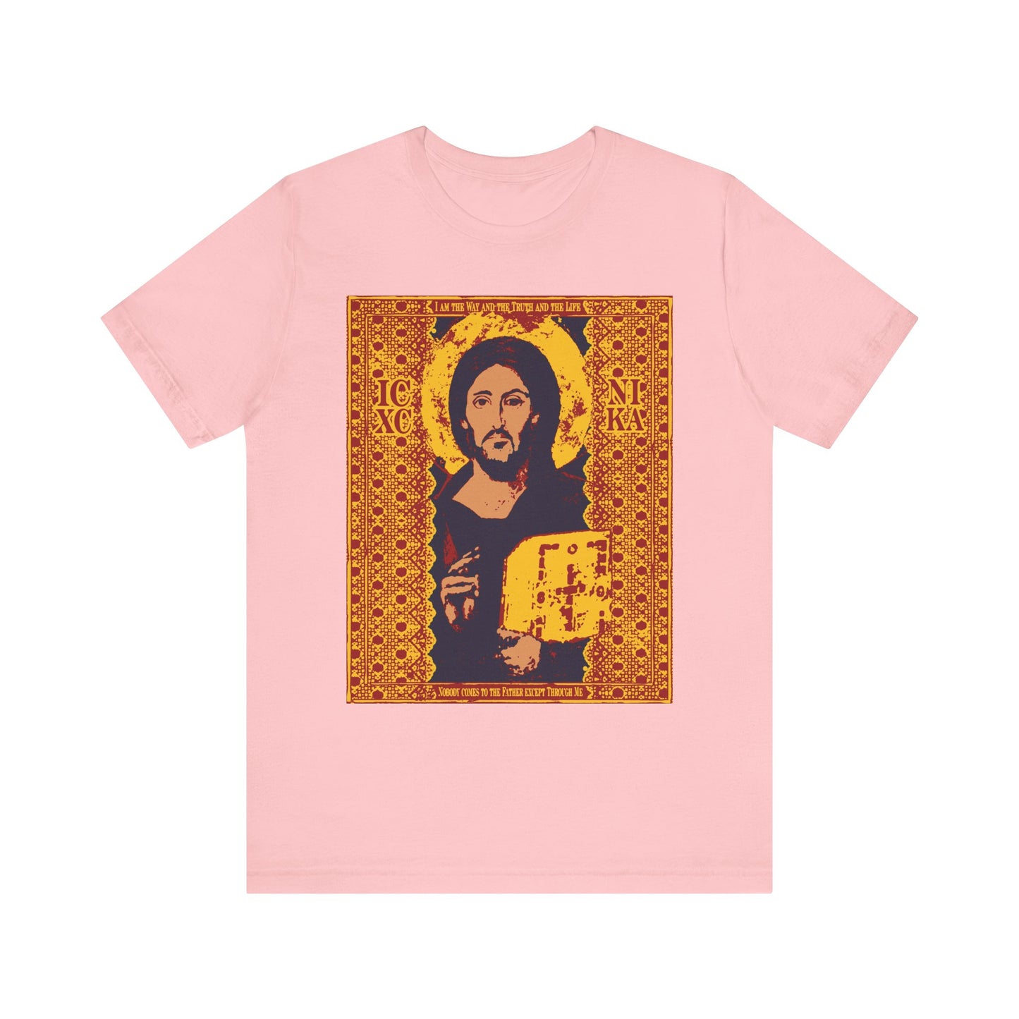 Pink Jesus Christ Sinai Pantocrator IconoGraphic tee featuring a Byzantine-style icon of Christ holding a book, framed by ornate gold patterns and inscribed with “I am the Way” from John 14:6, in lightweight unisex cotton.