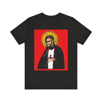 Black Heather tee featuring a St Seraphim of Sarov iconographic design with a haloed figure and cross, symbolizing the true aim of Christian life—the acquisition of the Holy Spirit. Lightweight cotton, unisex, two-sided print.