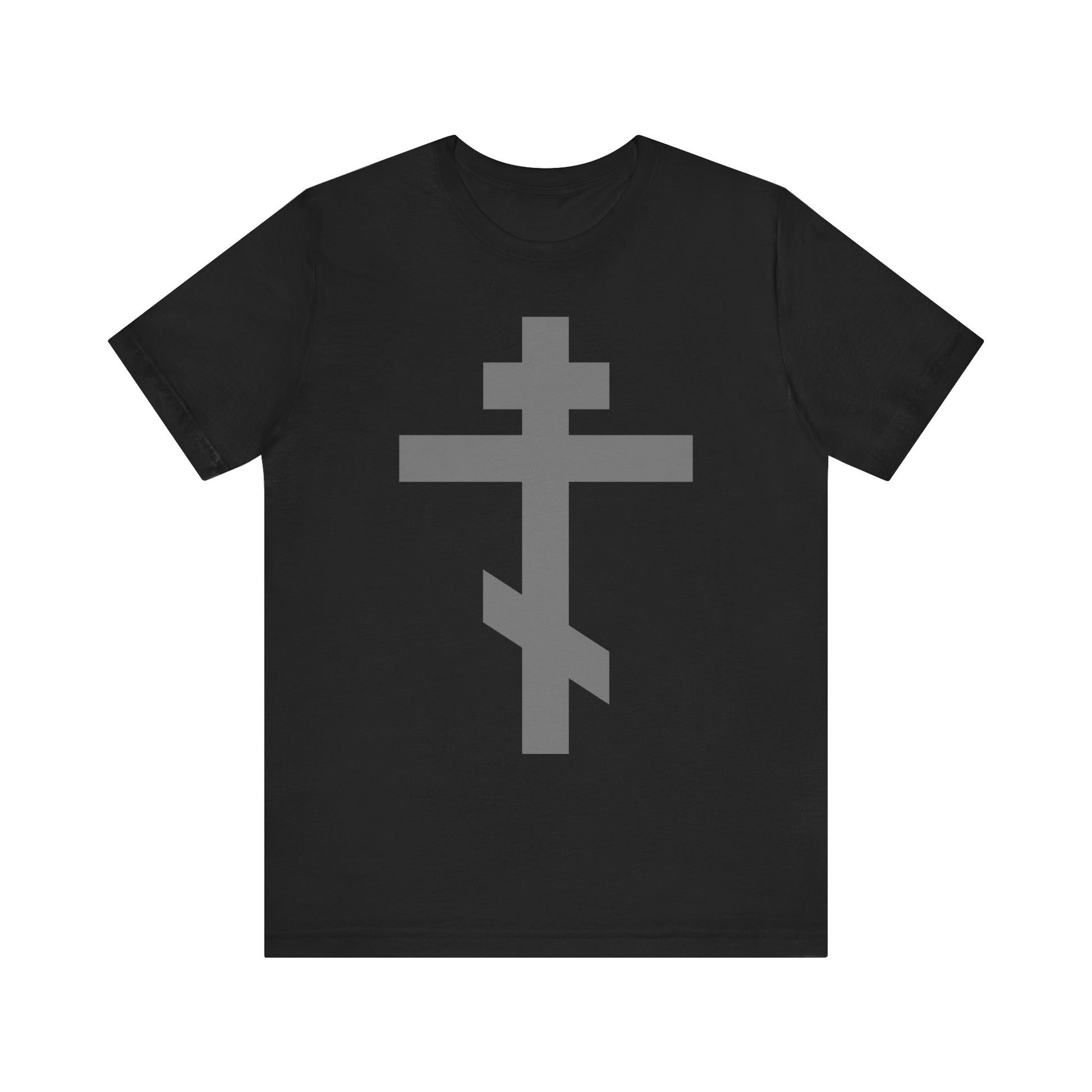 Black lightweight cotton unisex tee featuring a large light gray Orthodox tribar cross graphic on the front, with the inscription "Preserve Thy People By Thy Cross, O Lord" and "Christ is King," inspired by St. John of Kronstadt and honoring the Saviour’s sufferings.
