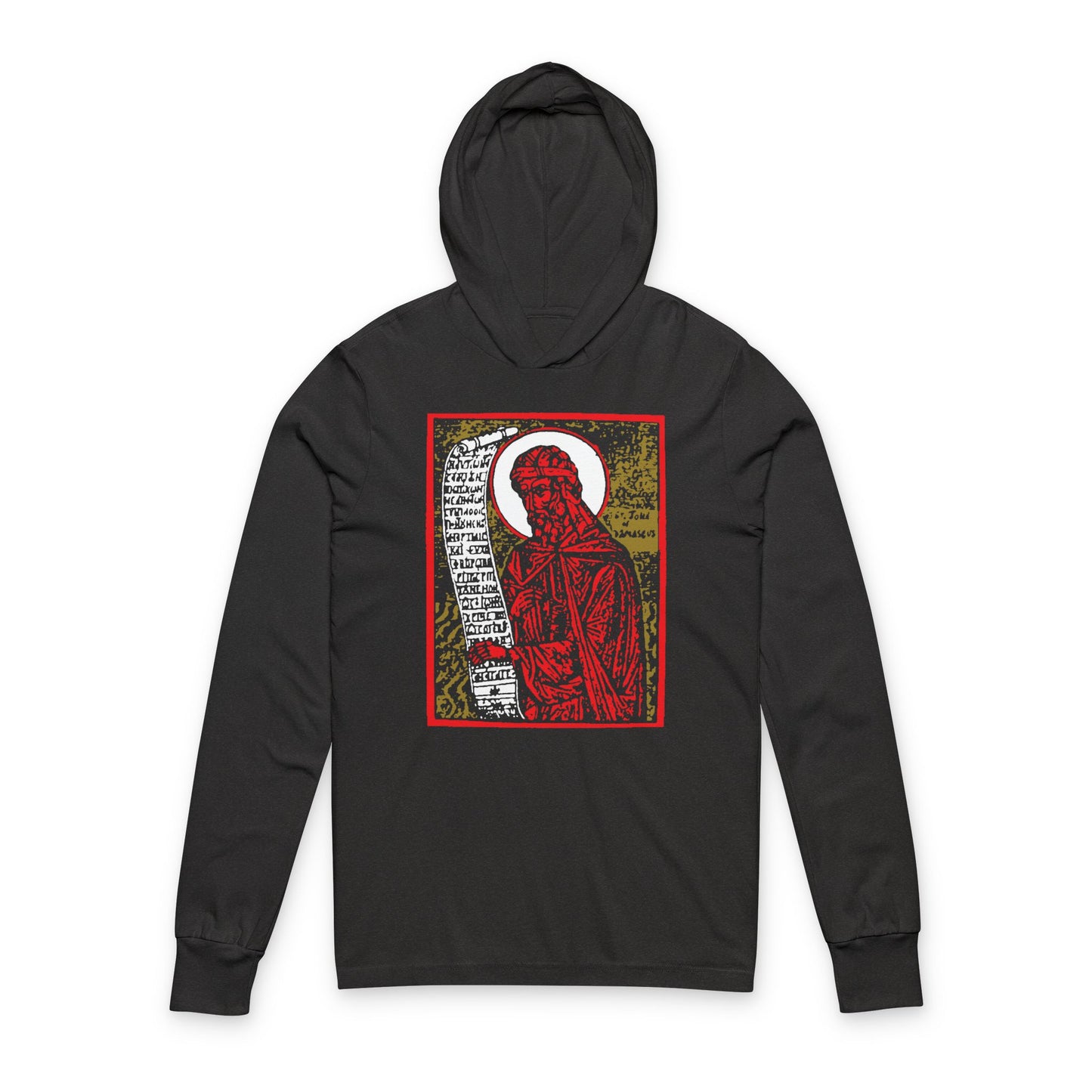 Charcoal Black TriBlend long sleeve hooded shirt featuring a high-contrast red and gold icon-inspired design of St. John of Damascus, with Orthodox Christian motifs, on the front.