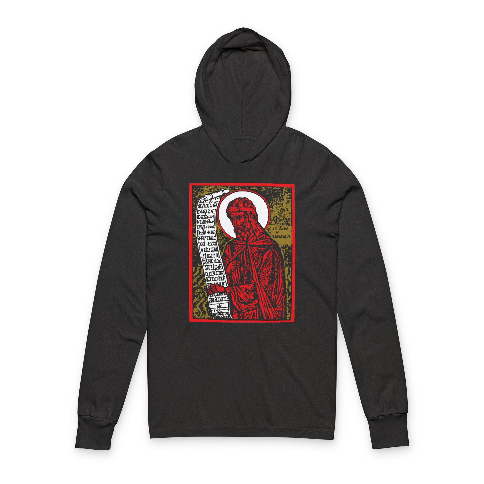 Charcoal Black TriBlend long sleeve hooded shirt featuring a high-contrast red and gold icon-inspired design of St. John of Damascus, with Orthodox Christian motifs, on the front.