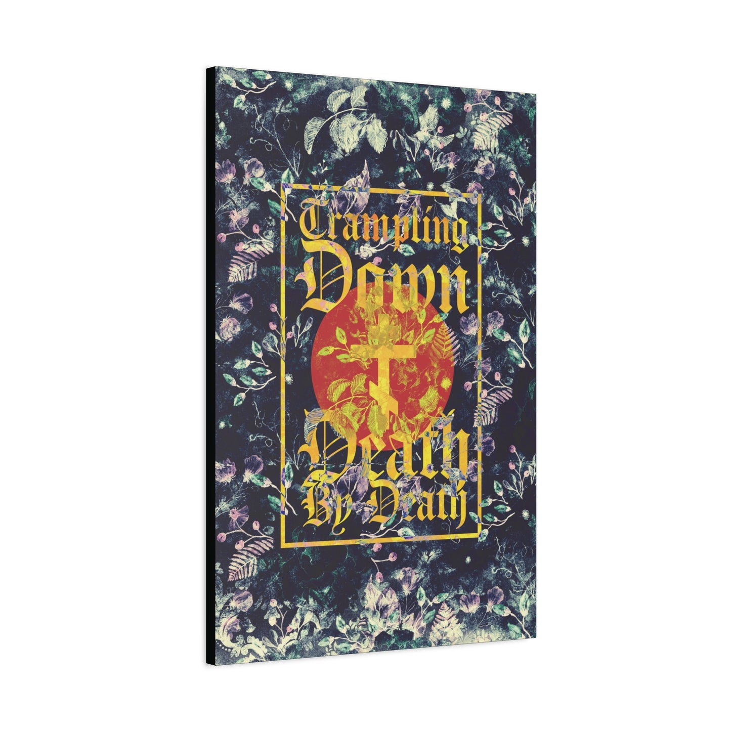 Trampling Down Death By Death | Paschal Floral Design with Gothic Script and Three-Bar Cross | Orthodox Christian Canvas Art