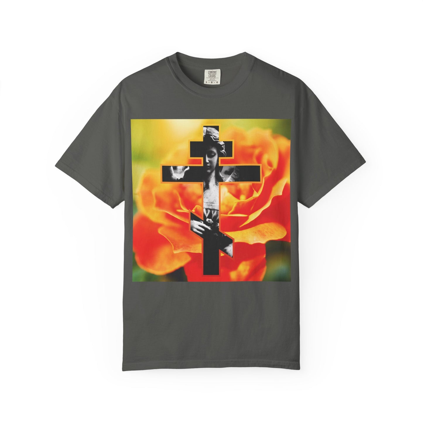 Pepper-colored heavyweight cotton unisex tee featuring the Cemetery Statue Angel Cross design over an orange rose, inspired by Orthodox Christian themes of memento mori and remembrance, with artwork echoing Galatians 6:14 and St. Paul’s reflections on the cross of our Lord Jesus Christ.