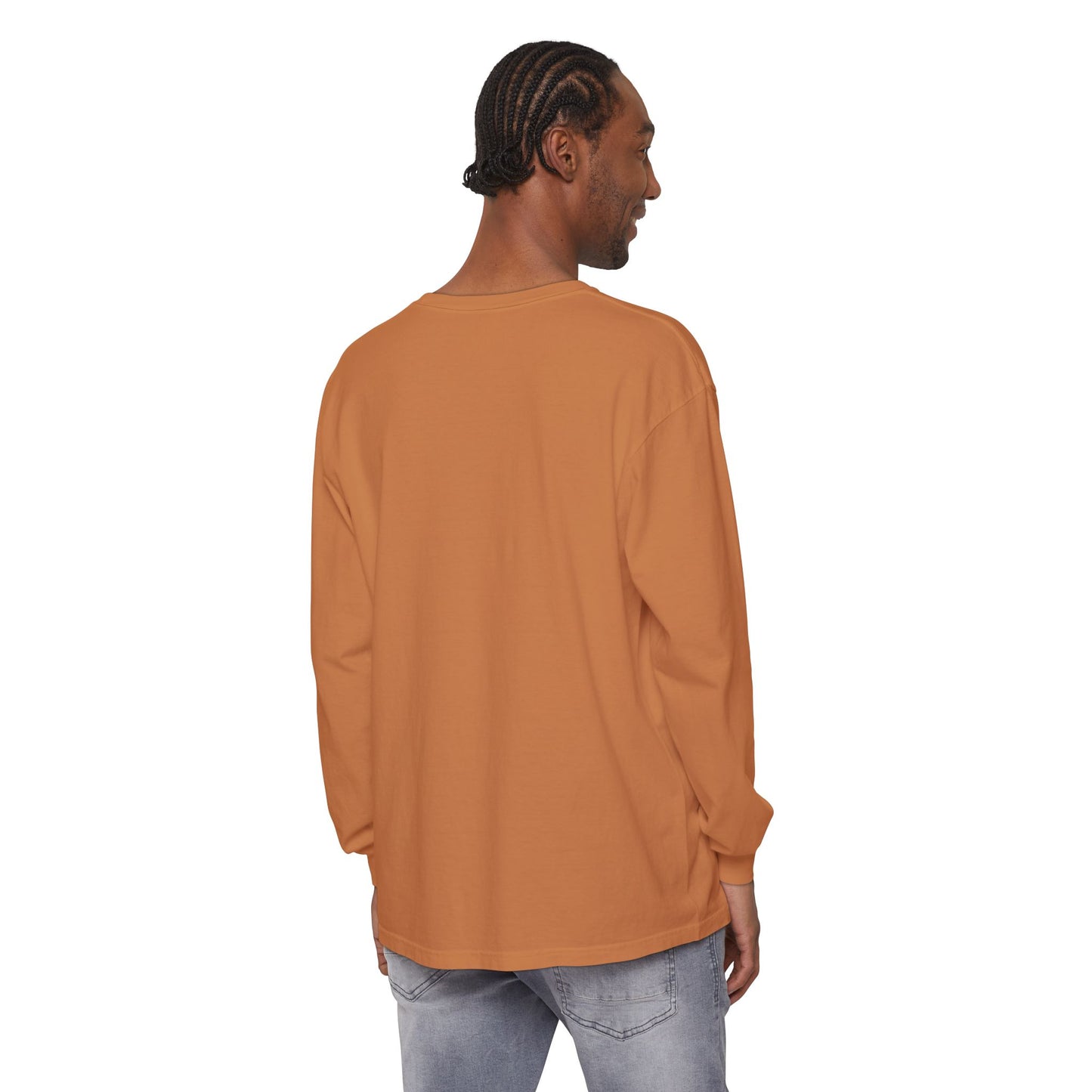 Man shown from the back wearing a White Orthodox Cross "May I never boast, except in the cross of our Lord Jesus Christ" (Gal 6:14) Orthodox Long Sleeve Shirt and light jeans against a white background.