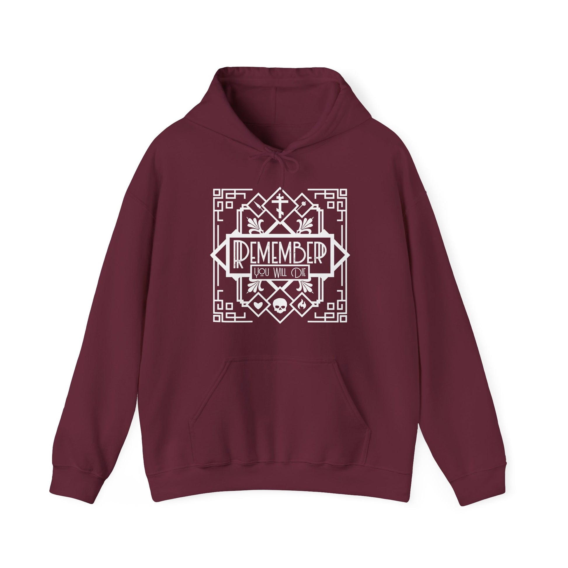 Maroon “Remember You Will Die” hoodie with art deco black and white skull, heart, and fire design—Orthodox Christian memento mori, perfect for Tuesday Vespers or reflecting on "Lord I Have Cried.