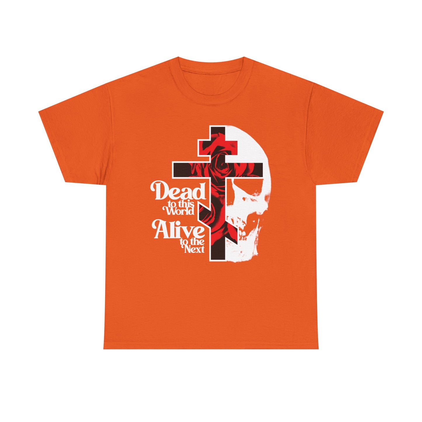 The Orange "Dead to this World" Heavy Cotton T-Shirt features a Christian goth flower cross and skull design with 70s typography, symbolizing renunciation of the world and spiritual ascent. Bestselling Orthodox Christian apparel.