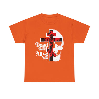 The Orange "Dead to this World" Heavy Cotton T-Shirt features a Christian goth flower cross and skull design with 70s typography, symbolizing renunciation of the world and spiritual ascent. Bestselling Orthodox Christian apparel.
