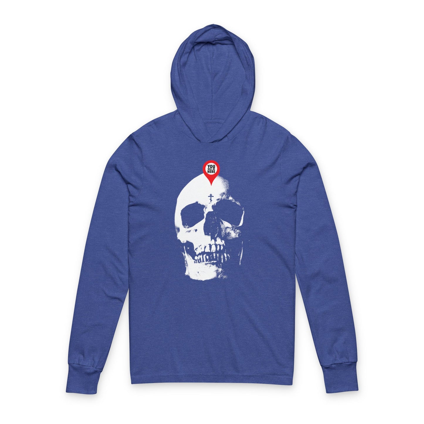 Heather True Royal hoodie with a bold white skull graphic and striking red map marker on the forehead. “You Will Be Here” design, inspired by Memento Mori and Orthodox themes.