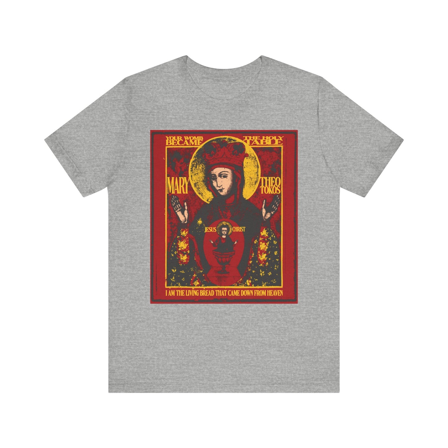 Athletic Heather unisex tee showcasing the "Mother of God of Nicaea Christ In Chalice" Ancient Iconographic image in vivid red and gold, with the inscription "I am the living bread.