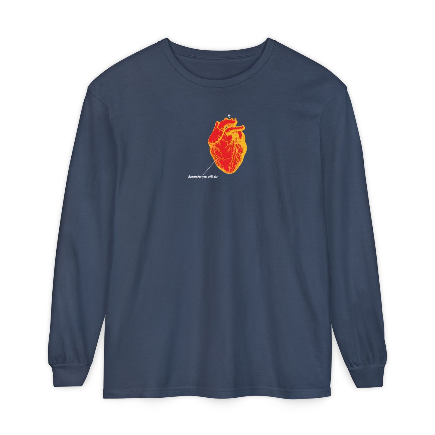 Midnight long-sleeve "Remember You Will Die" shirt with retro medical red & orange heart design, small “Depends on your alt.” text—a Memento Mori Christian cotton tee nodding to the soul and what lies beyond death.