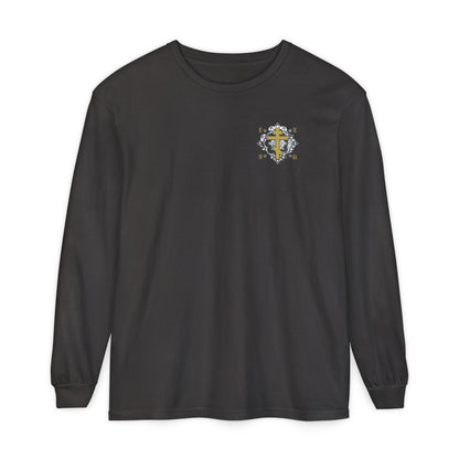 Gold Orthodox Cross ICXC NIKA  (Small Design) | White Medieval Ornate Floral Pattern | Jesus Christ Conquers | Christian Long Sleeve