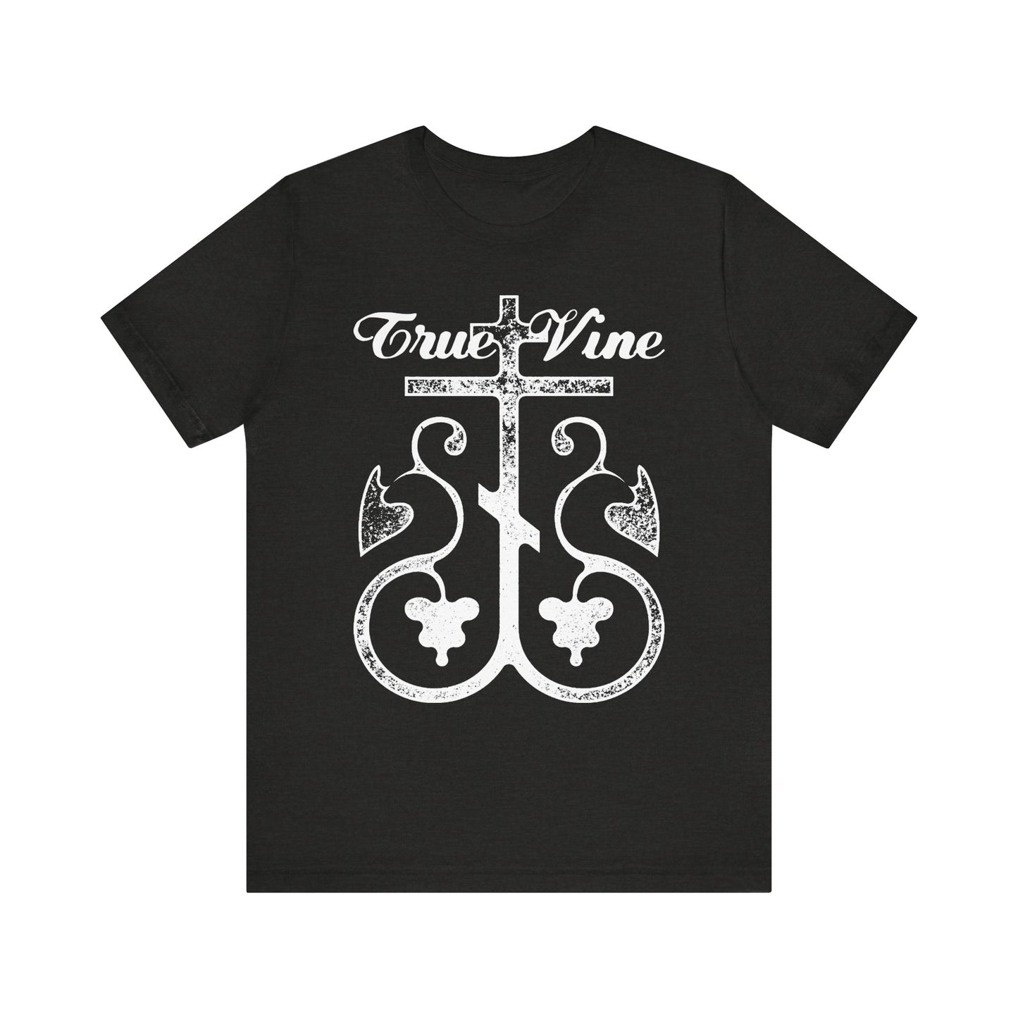 Black Heather unisex t-shirt with "I Am the True Vine" (John 15, Ezekiel 15) features a photocopy-style Orthodox cross with grape vine graphic on the front. Lightweight cotton.