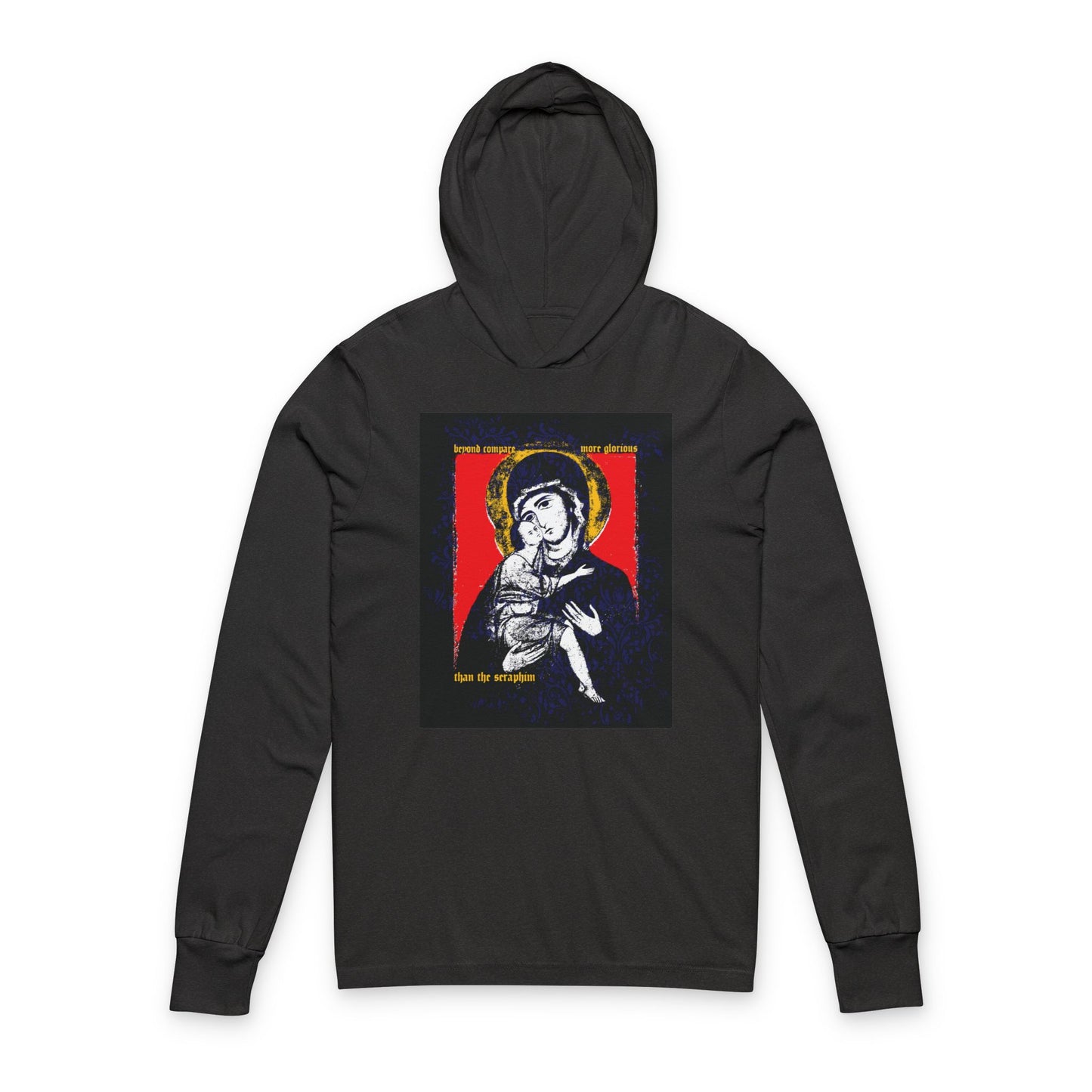 Beyond Compare More Glorious Than the Seraphim | Vladimir Theotokos Iconographic | Orthodox Long Sleeve Hooded Shirt