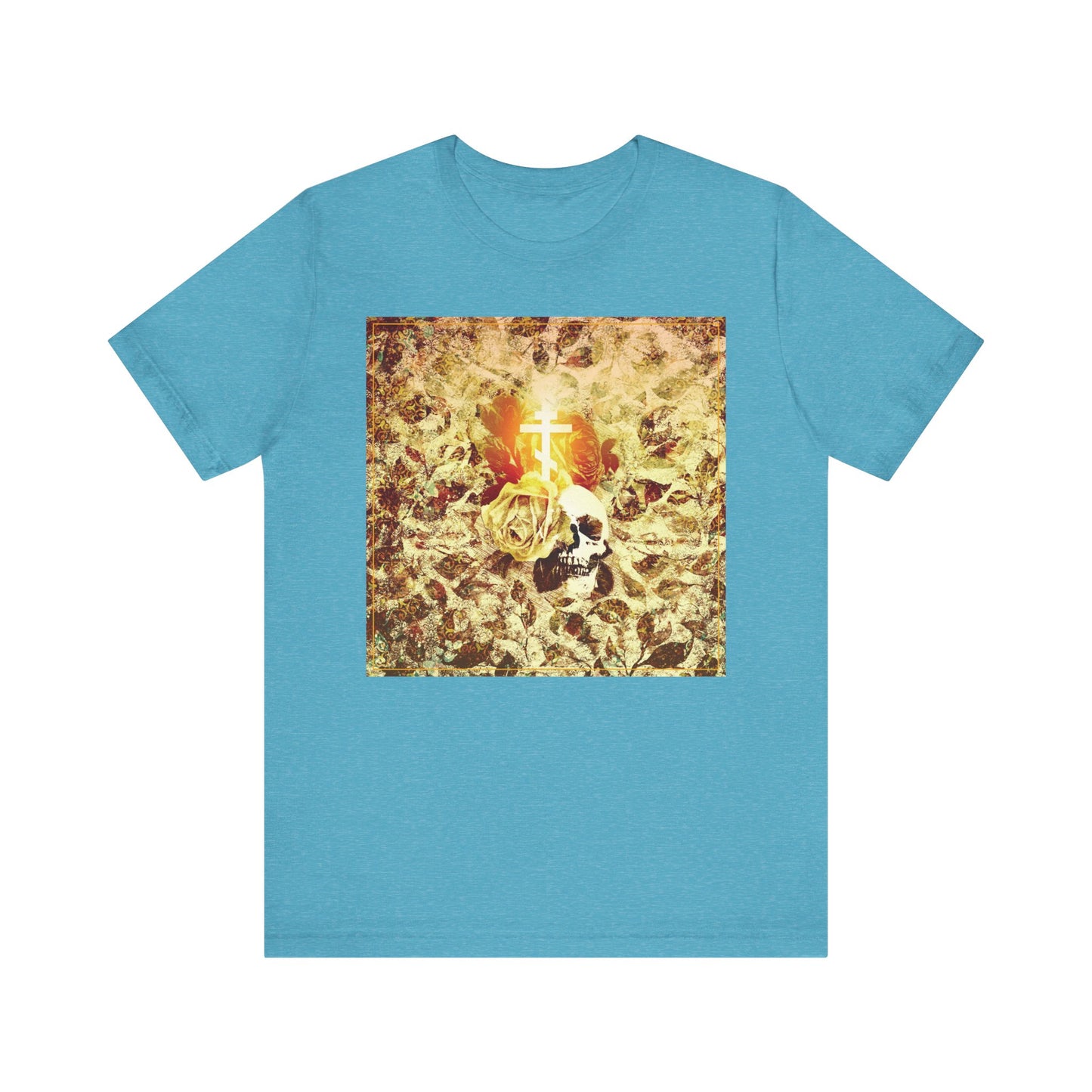 Heather Aqua unisex tee featuring a glowing Orthodox cross, gold rose, and skull on a floral textured background—gothic Christian aesthetic inspired by the Ezekiel prophecy. Lightweight cotton for comfort.