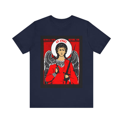 Behold, I Send an Angel Before You (Exodus 23:20) | Guardian Angel With Cross and Sword IconoGraphic | Orthodox Christian Cotton T-Shirt