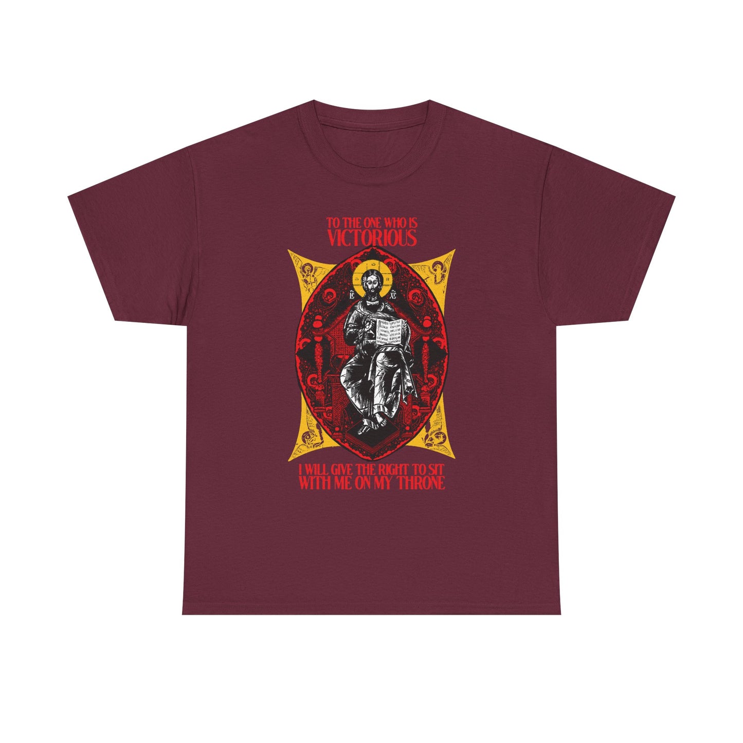 Maroon "Christ is King, Enthroned In Glory" tee—features a crowned Christ on a throne with "To the One Who Is Victorious" (Rev 3:21); Orthodox Christian midweight cotton unisex shirt.