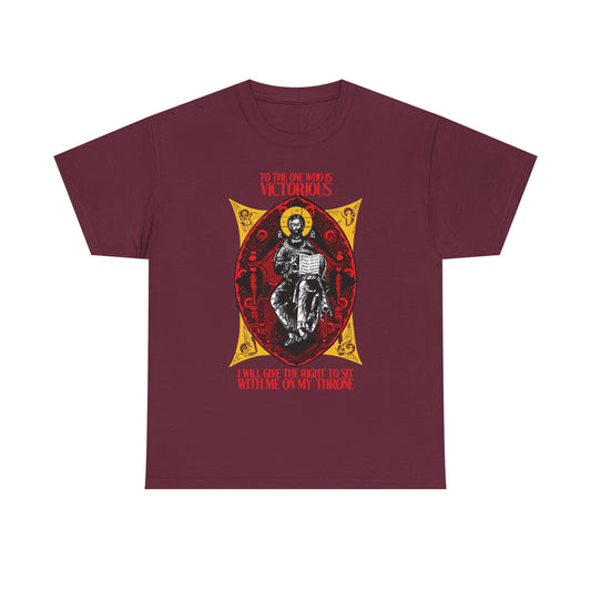 Maroon "Christ is King, Enthroned In Glory" tee—features a crowned Christ on a throne with "To the One Who Is Victorious" (Rev 3:21); Orthodox Christian midweight cotton unisex shirt.
