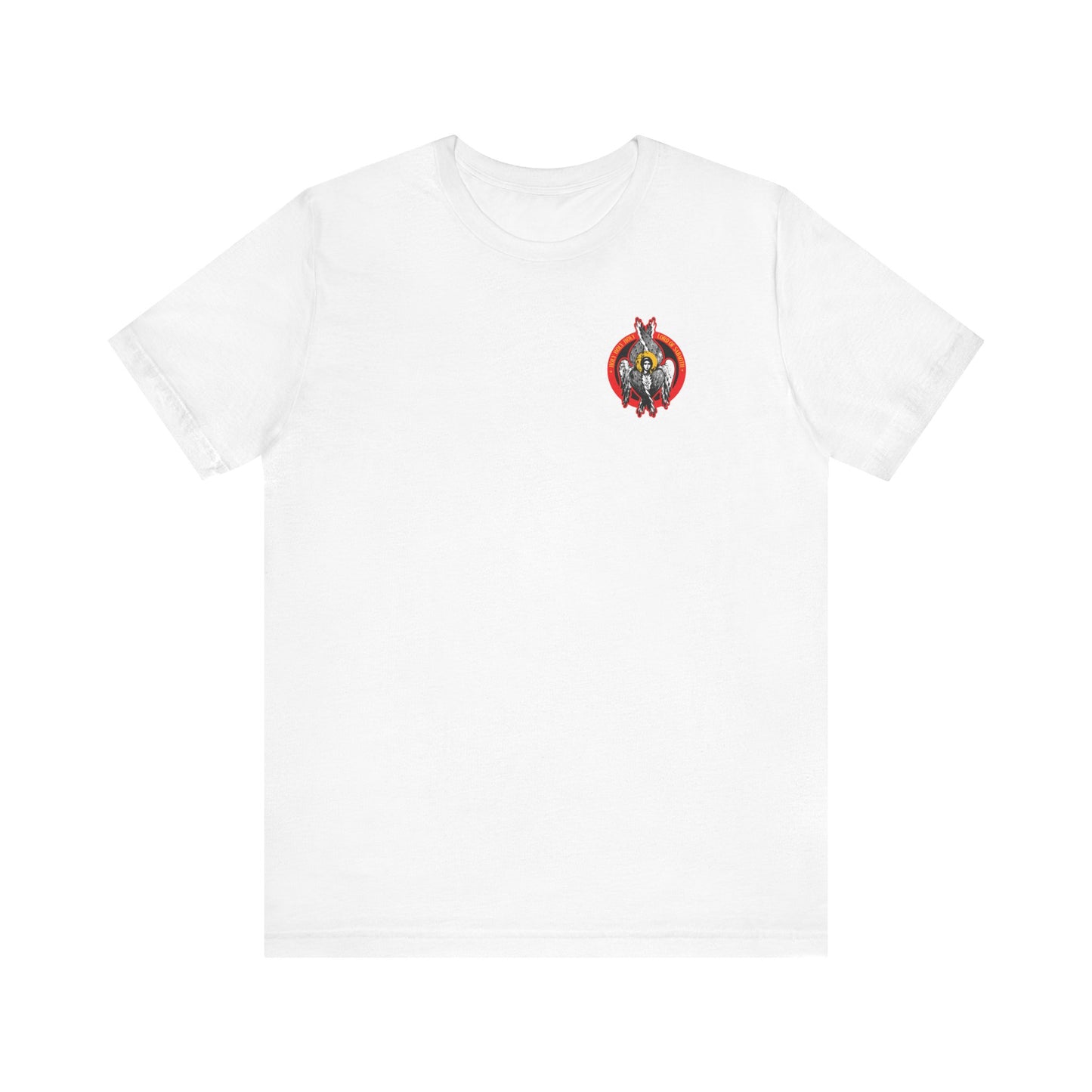White Holy Holy Holy Seraphim Angel Icono-Graphic T-shirt featuring a small, colorful angel inside a red heart on the left chest—a subtle nod to Christian inspiration and St John of Kronstadt’s compassion. Lightweight cotton unisex.