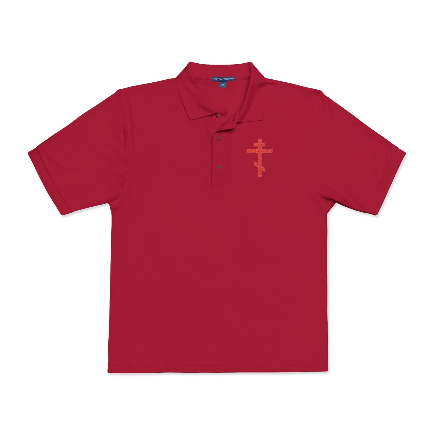 Embroidered Red Orthodox Cross | "May I never boast, except in the cross of our Lord Jesus Christ" (Gal 6:14) | Christian Polo Shirt
