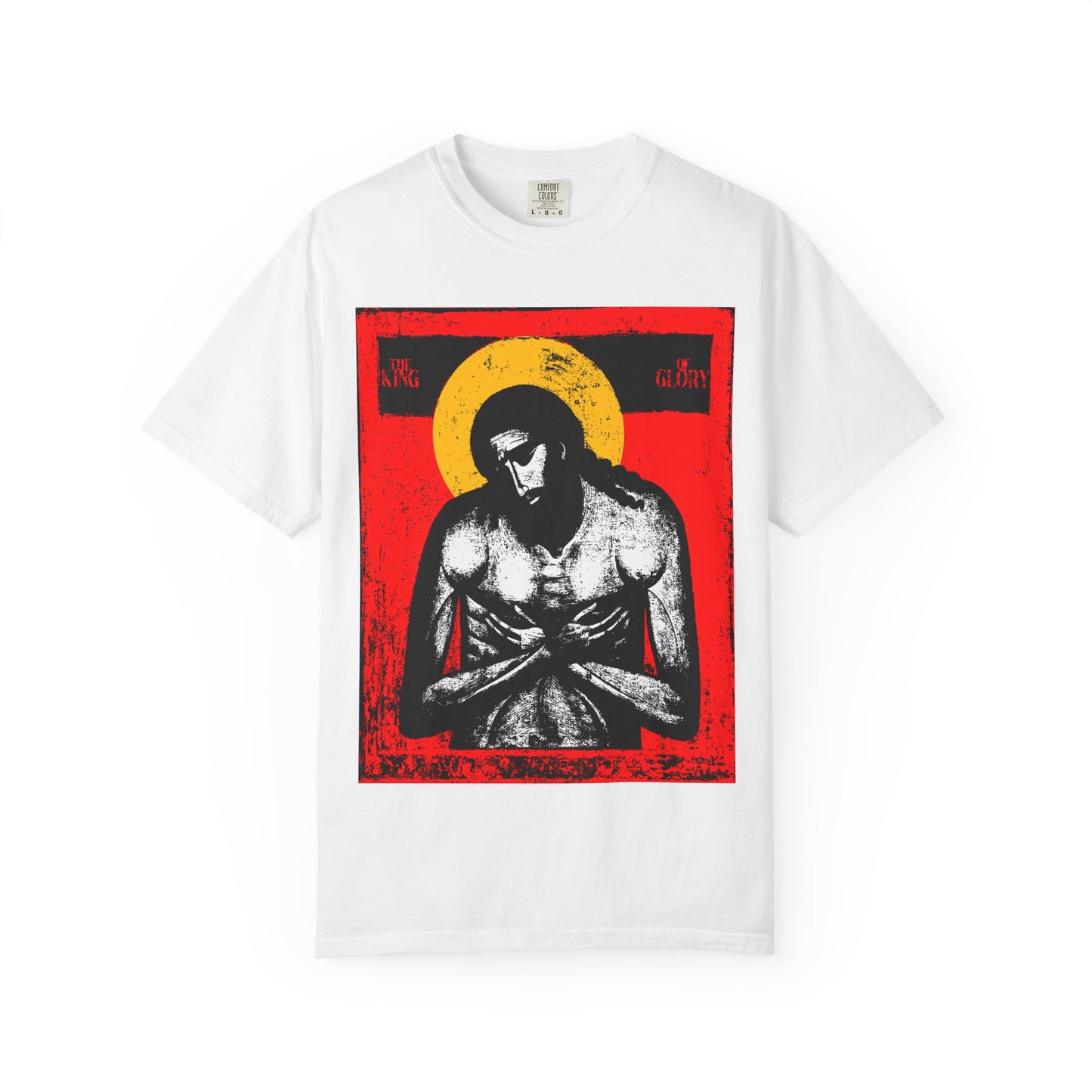 White heavyweight cotton unisex tee featuring "Extreme Humility"—an artistic iconographic print of Jesus Christ with yellow halo and red background, inspired by Isaiah 53. Christian devotional design.