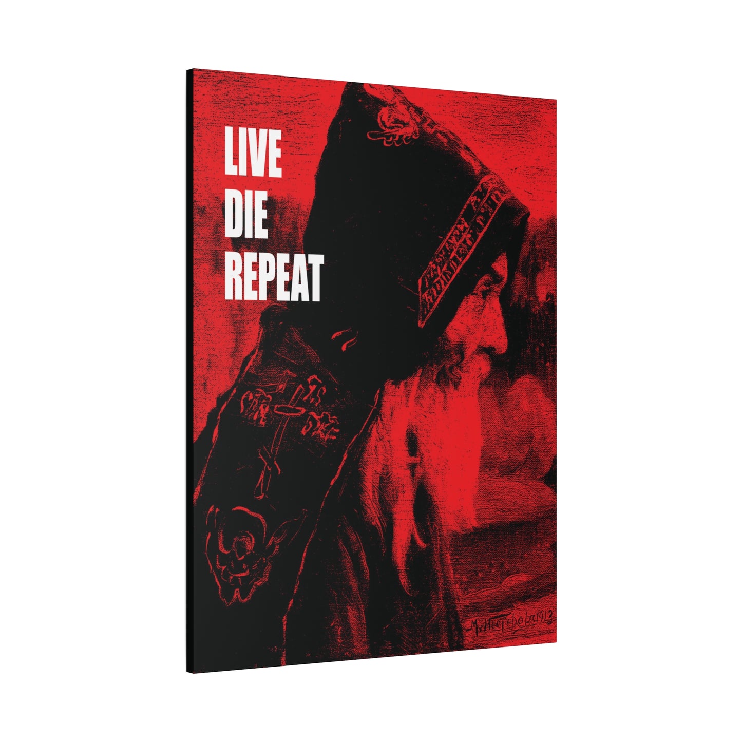 Red-tinted image of St Antony the Great (from "Monk" by Mikhail Nesterov) with white text: LIVE DIE REPEAT. This Orthodox canvas wall art inspires ascetic Christianity: Die Every Day, and You Will Live Forever.