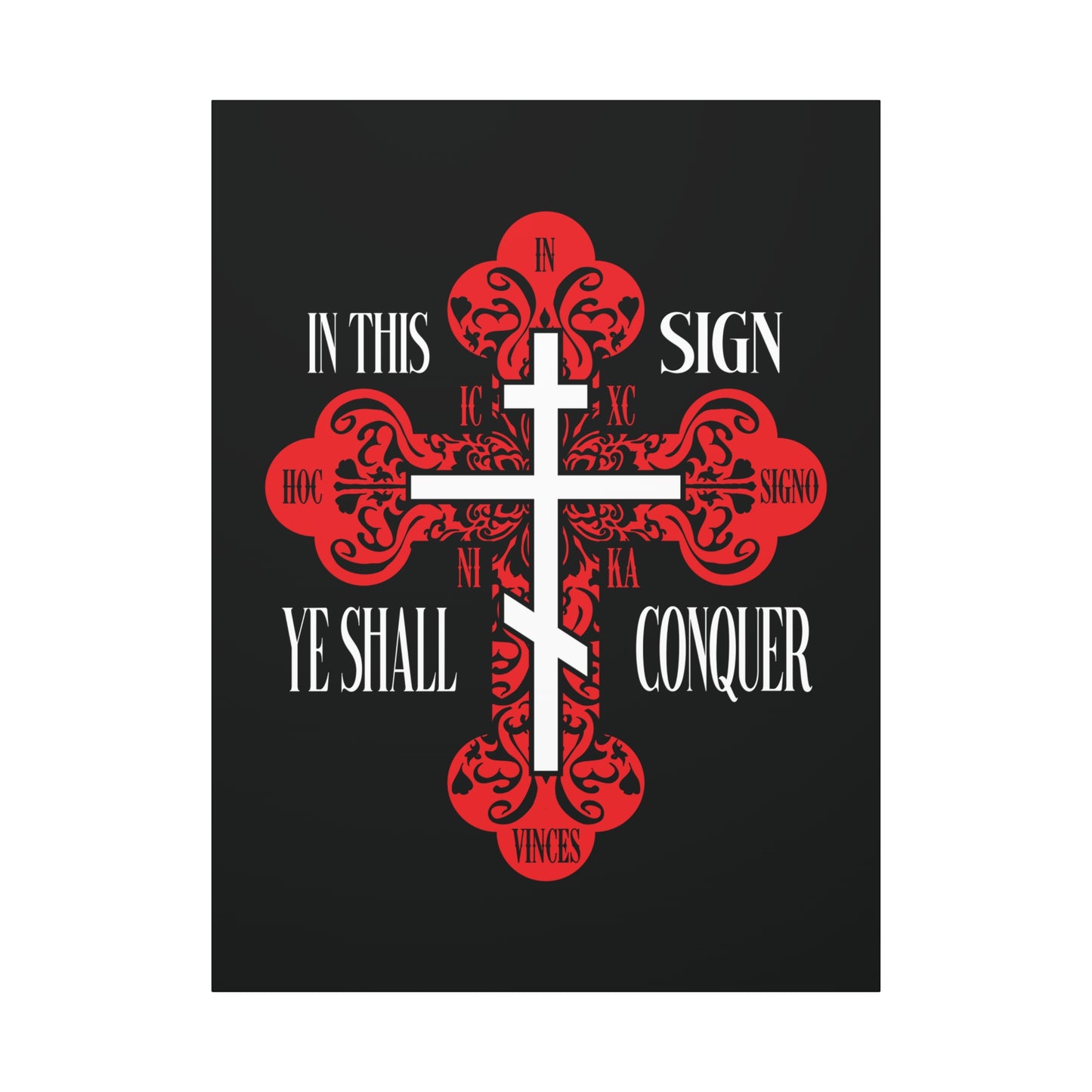 The "In This Sign Ye Shall Conquer" Christian wall art features a red ornate Orthodox cross on black, inspired by "In Hoc Signo Vinces" and "ICXC NIKA," symbolizing Jesus Christ's triumph and divine protection.