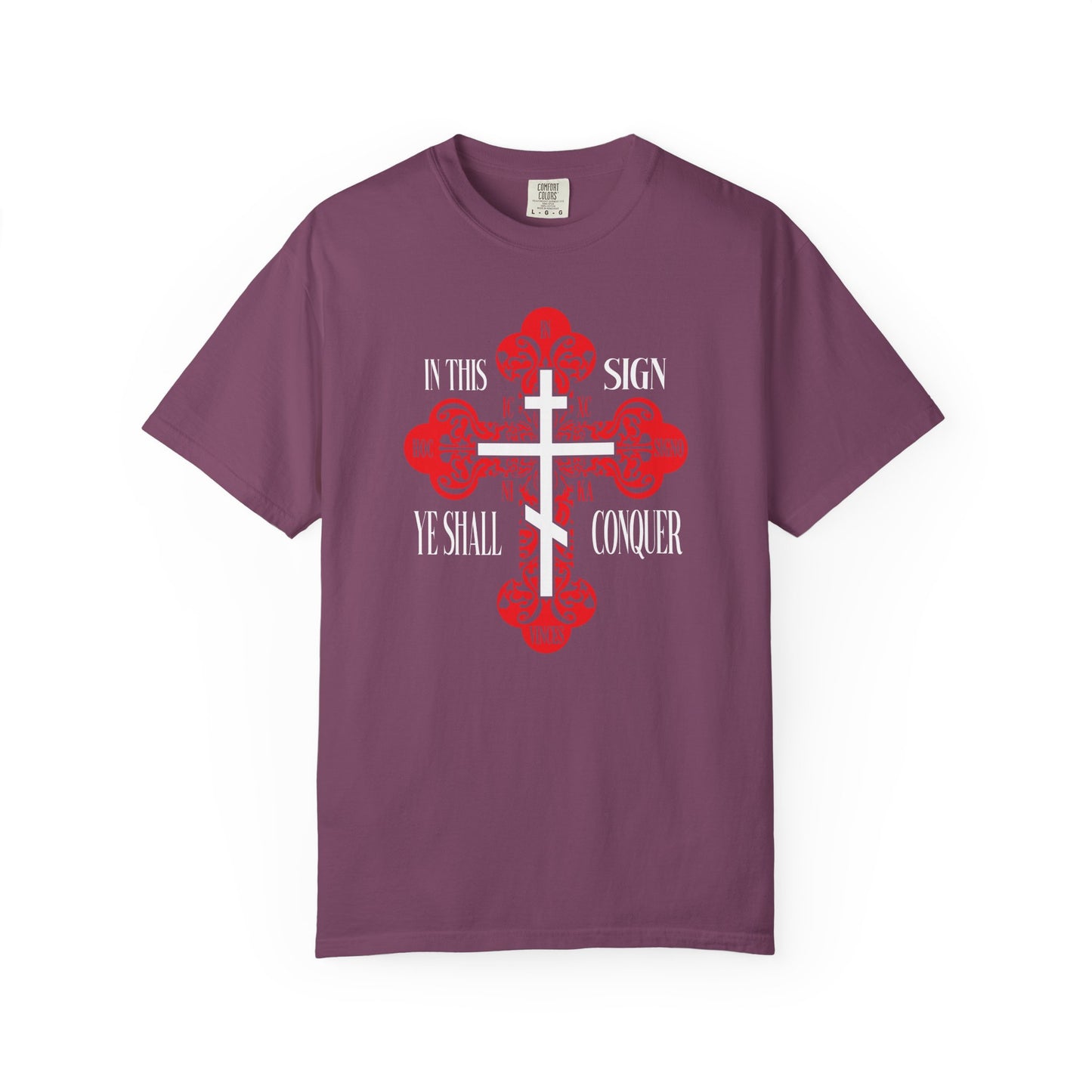 Berry unisex heavyweight cotton t-shirt featuring an ornate red Orthodox cross and "In this sign ye shall conquer" in white, inspired by In Hoc Signo Vinces and ICXC NIKA.