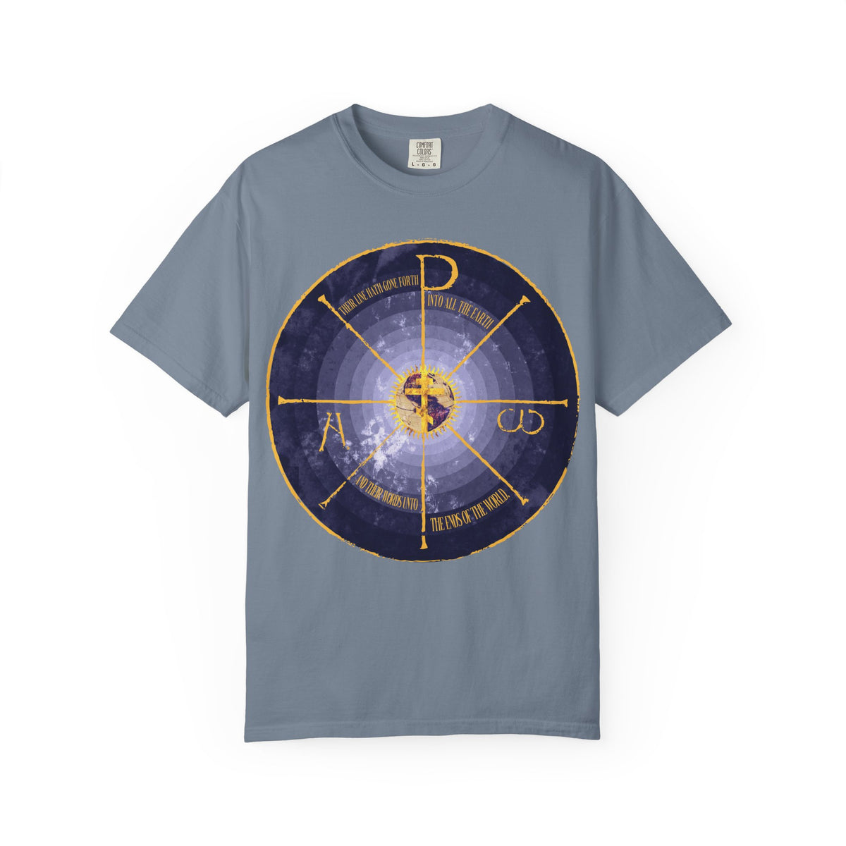 Blue Jean heavyweight cotton unisex tee featuring a medieval-style geocentric cross and Chi Rho Christogram, accented with gold letters and symbols in a blue and yellow design inspired by Orthodox Christian tradition.